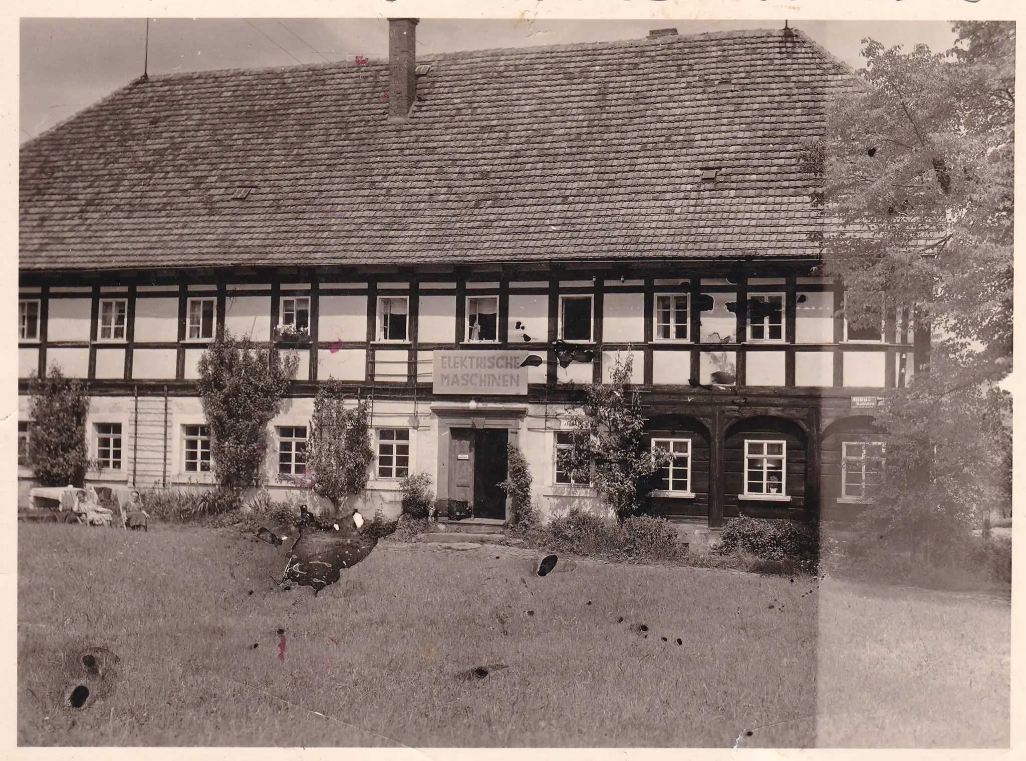 Half-timbered building in a historic photograph