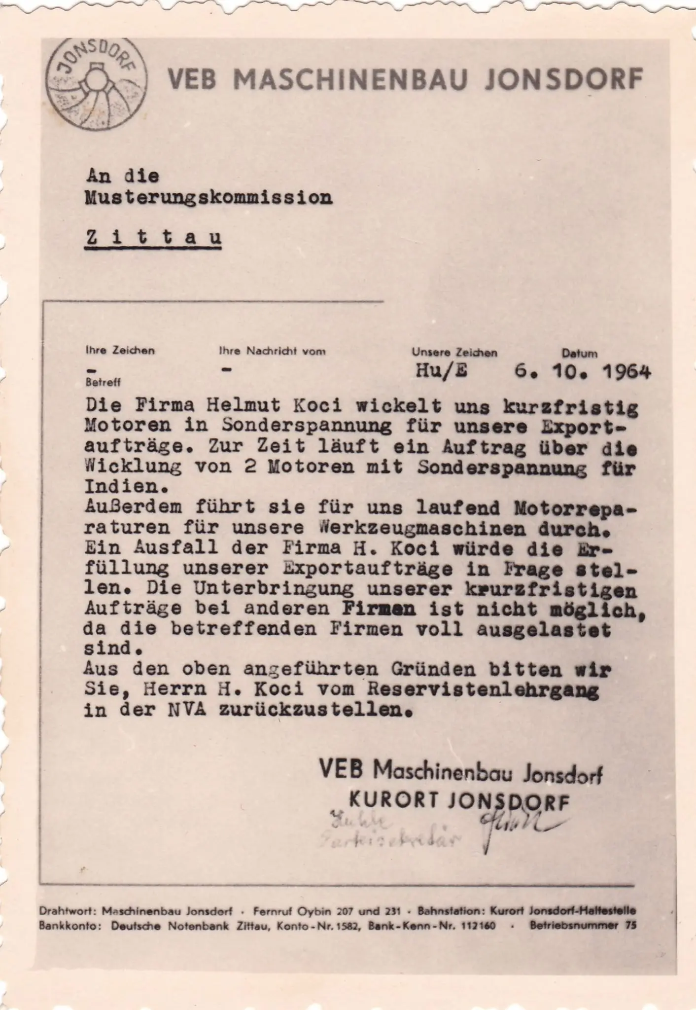 Historic business document from the KOCI company archive