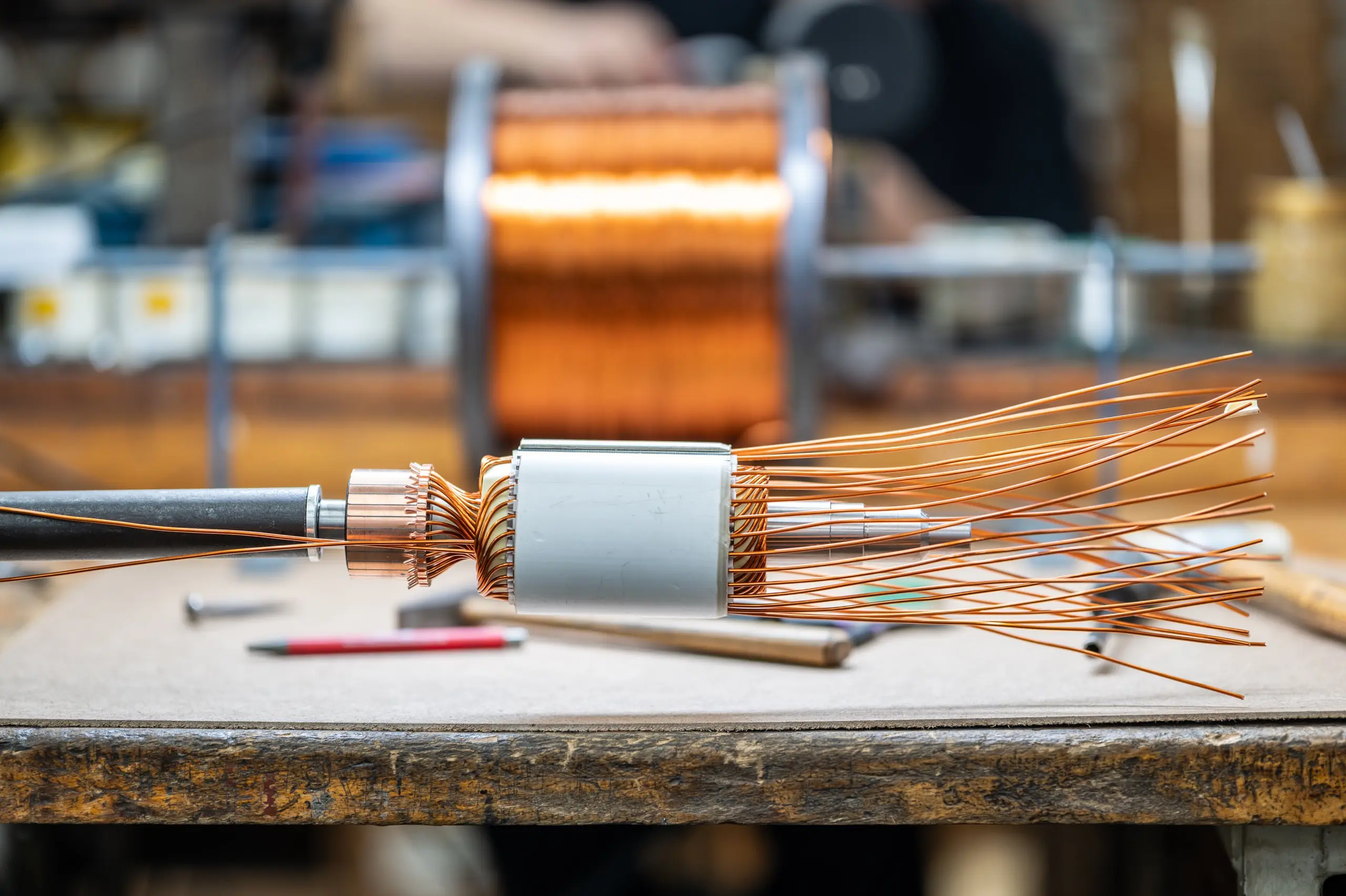 Winding wire and copper conductors in the workshop